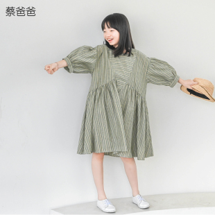蔡爸爸原创童装 绿色条纹裙子圆领纯棉连衣裙宽松文艺女孩夏装522