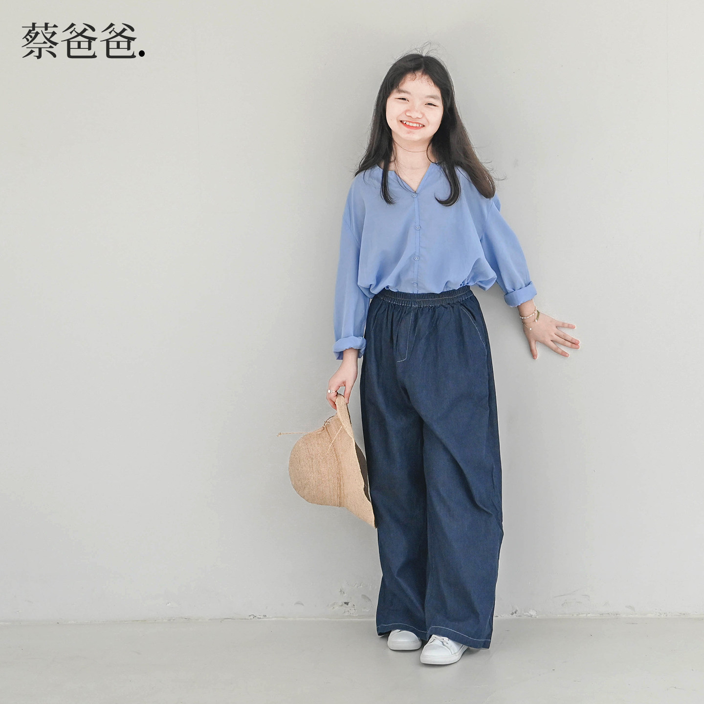 春秋装女童浅蓝色长袖防晒衬衫