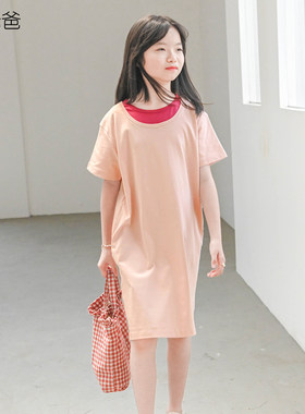 粉色撞色t恤连衣裙女童裙夏薄款