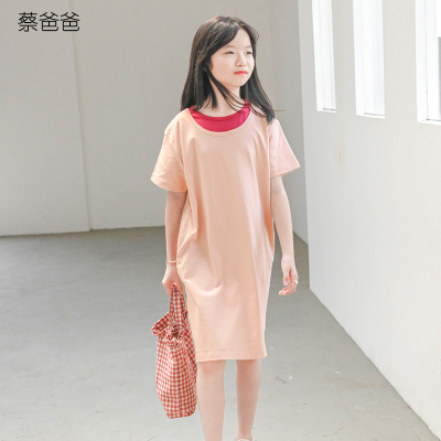 粉色撞色t恤连衣裙女童裙夏薄款