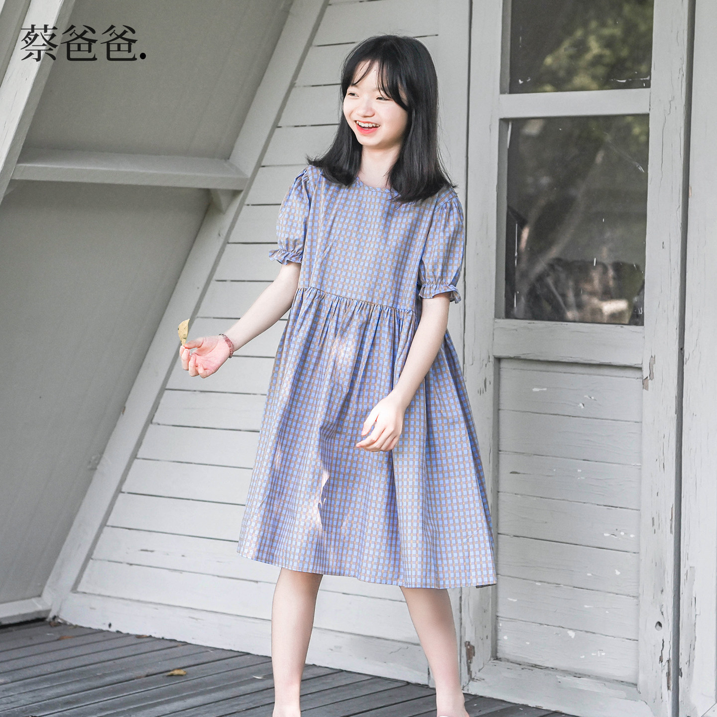 蔡爸爸原创童装纯棉浅蓝格子连衣裙26新品夏装中大童日系女孩305