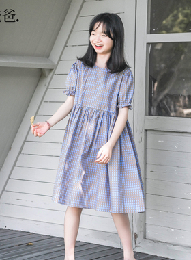 蔡爸爸原创童装纯棉浅蓝格子连衣裙26新品夏装中大童日系女孩305