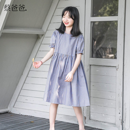 夏装女童纯棉浅蓝格子连衣裙