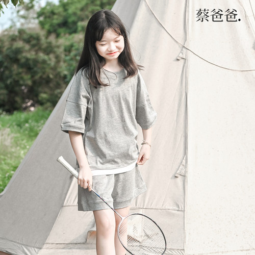 夏季男女童休闲文艺灰色短袖套装