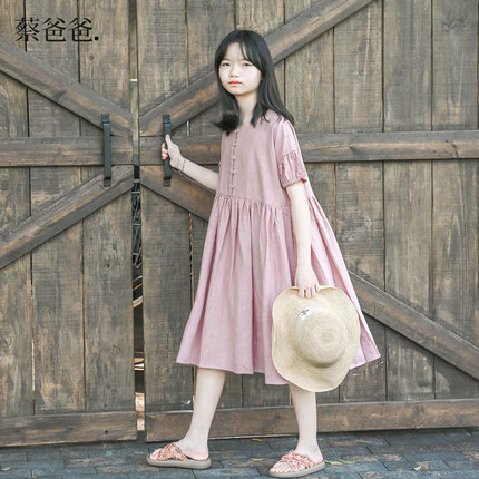蔡爸爸原创童装新款文艺夏装温柔粉色裙子女大童纯苎麻连衣裙286