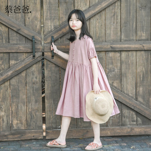 夏装粉色裙子女大童纯苎麻连衣裙