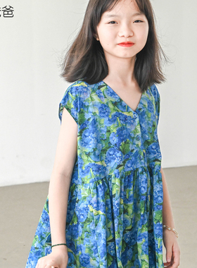 蔡爸爸童装度假风裙子 女大童小清新夏装蓝色无袖连衣裙少女201