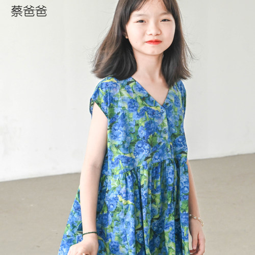 蔡爸爸小清新夏装蓝色无袖连衣裙