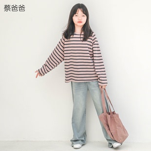 百搭长袖 672 t恤新款 中大童条纹上衣男女童887 603 春装 蔡爸爸童装