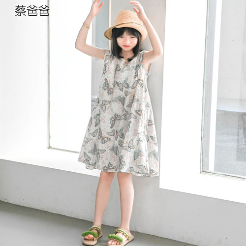 夏装背心裙子纯棉蝴蝶无袖连衣裙