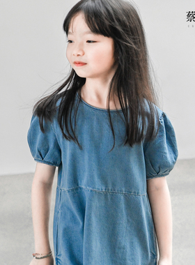 蔡爸爸童装 蓝色牛仔裙子 女大童 短袖连衣裙 2026年夏装 文艺062