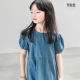 2026年夏装 蔡爸爸童装 文艺062 短袖 连衣裙 蓝色牛仔裙子 女大童