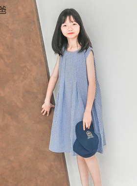 蔡爸爸独特童装新款文艺中大童少女格子背心裙夏装蓝色连衣裙336