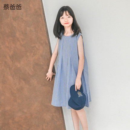 蔡爸爸独特童装新款文艺中大童少女格子背心裙夏装蓝色连衣裙336
