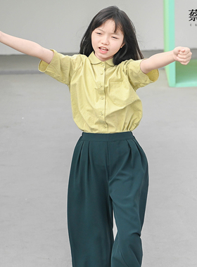 蔡爸爸童装 独特夏装短袖上衣 小个子女装条纹黄绿色衬衫558+177