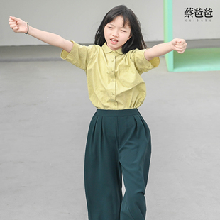 蔡爸爸童装 独特夏装短袖上衣 小个子女装条纹黄绿色衬衫558+177