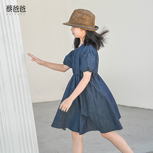 夏装女童牛仔连衣裙深蓝文艺收腰
