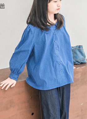 蔡爸爸童装2026春装蓝色格子衬衫小个子女装大童长袖上衣861+713