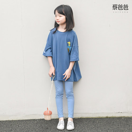蔡爸爸原创童装t恤女儿童时尚蓝色弹力瑜伽长裤中裤子夏装150+232