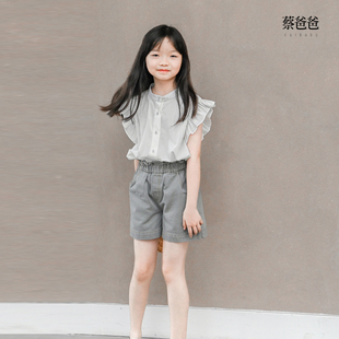 580 蔡爸爸原创童装 928 女大童灰色短裤 夏装 百搭花边牛仔裤 子新款
