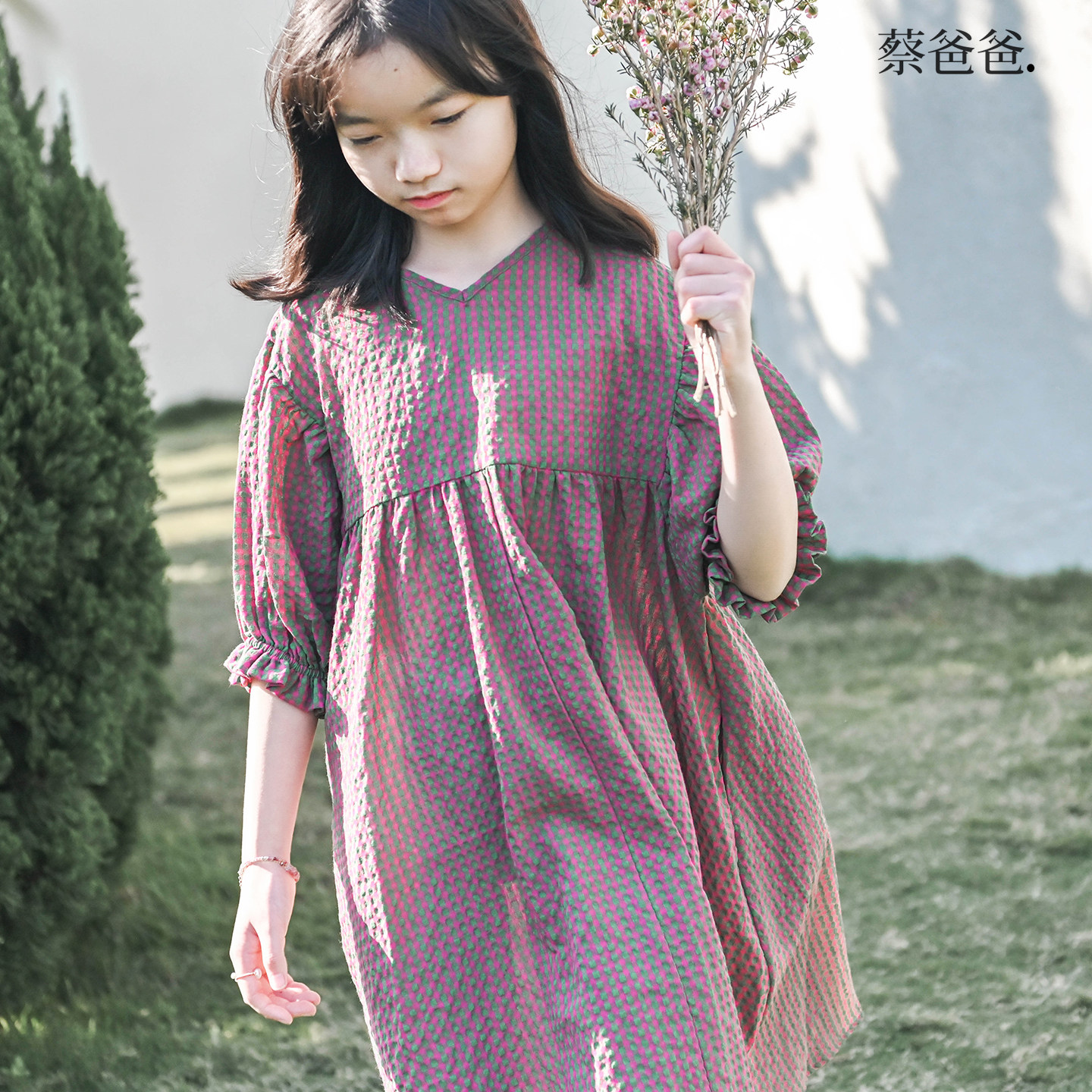 蔡爸爸原创童装 v领韩系连衣裙子 新款夏装女中大童绿红格子裙660