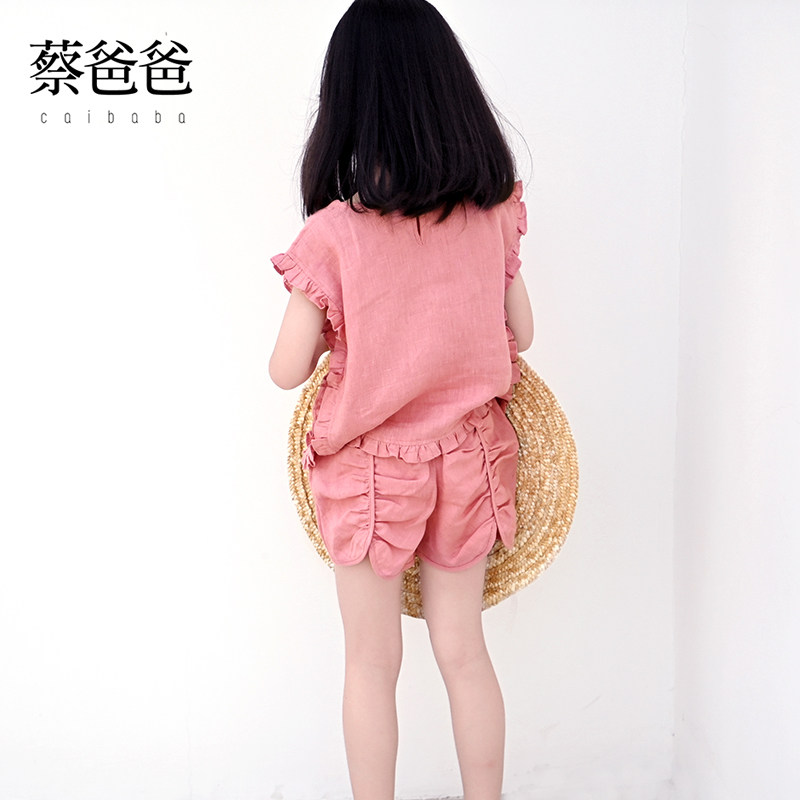 亚麻2件夏季粉红文艺女童套装
