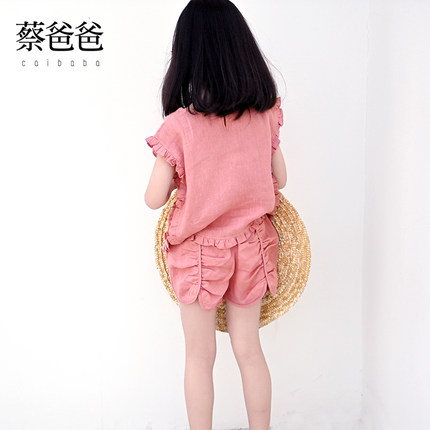 蔡爸爸原创童装亚麻粉红文艺两件套 夏季套装纯设计感女童套装332