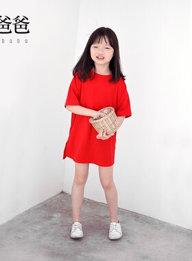 蔡爸爸童装 文艺红色短袖T恤裙 洋气夏装中长款女童连衣裙子 828
