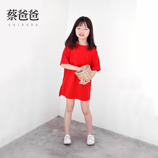 蔡爸爸童装 文艺红色短袖T恤裙 洋气夏装中长款女童连衣裙子 828