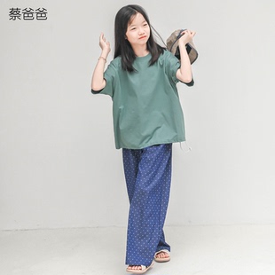 蔡爸爸童装绿色短袖t恤夏装少女上衣下摆收口运动t恤595+820+160