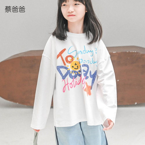 春秋打底衫女童白色印花长袖t恤