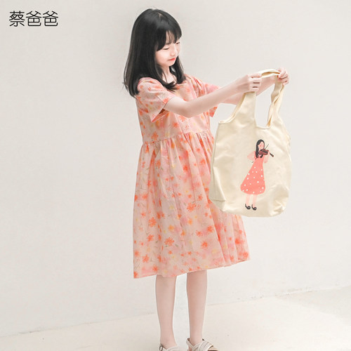 夏季盘扣裙子女装粉色碎花连衣裙