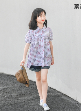 蔡爸爸童装 白色上衣新款夏装 清新女童少女碎花翻领衬衫358+867