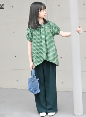 蔡爸爸童装 短袖绿色格子上衣女童夏2026新款独特漂亮衣服527+177