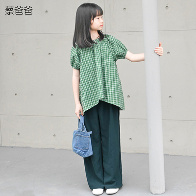 蔡爸爸童装夏季短袖绿色格子上衣