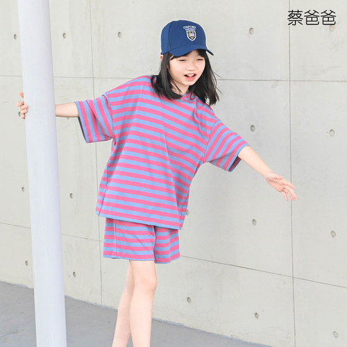 蔡爸爸夏装条纹t恤短袖短裤套装