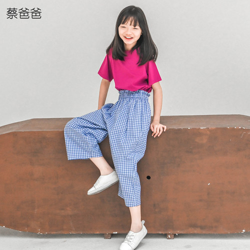蓝色裤子阔腿七分裤女童薄款夏装