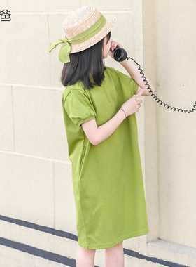 蔡爸爸夏装t恤裙 2026新款亲子装女孩洋气短袖绿色圆领连衣裙539