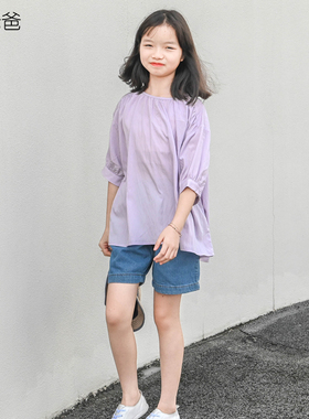 蔡爸爸童装小清新夏装 女大童青少年浅紫色上衣 宽松罩衫320+606