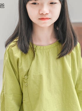 女童中式七分袖秋装全棉绿色上衣