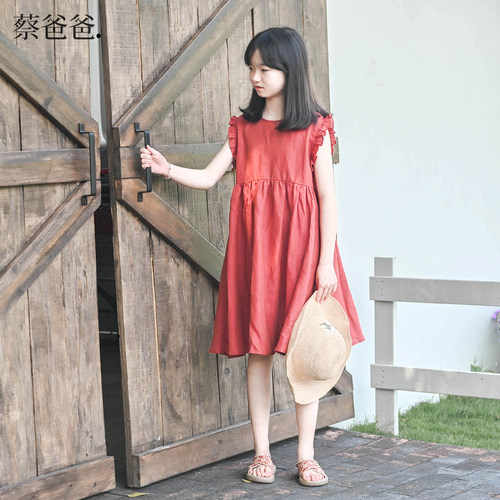 文艺夏装背心裙子女童红色连衣裙