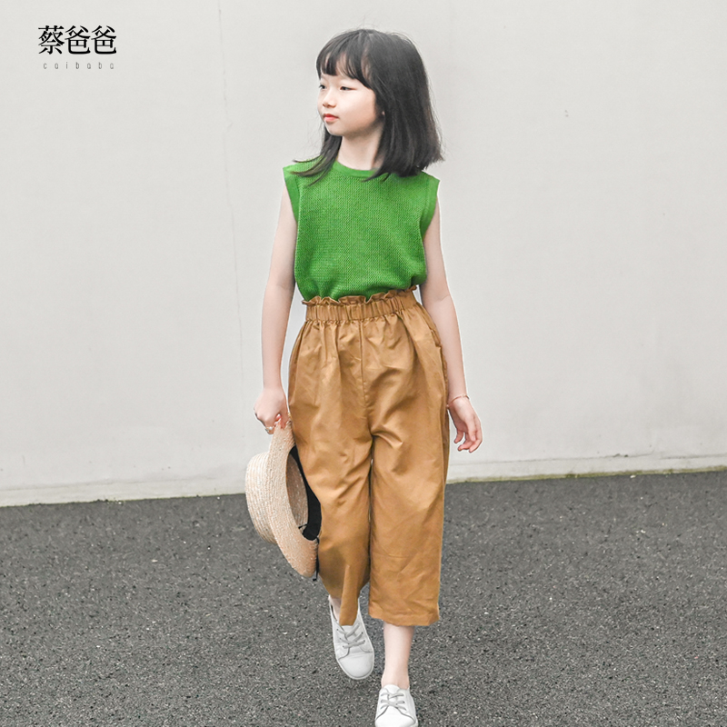 蔡爸爸童装女大童全棉上衣新款文艺夏装绿色小背心针织衫368+236