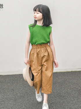 蔡爸爸童装绿色小背心新款夏装文艺女童全棉针织衫上衣服368+236
