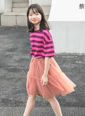 蔡爸爸童装纯棉上衣夏装女大童轻薄宽松条纹t恤衫短袖372+867+637