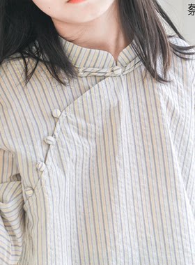 纯棉卡其蓝条纹七分袖衬衣秋女童