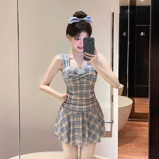 度假 温泉游泳装 少女感清新格子泳衣女夏2024新款 女孩纯欲连体裙式