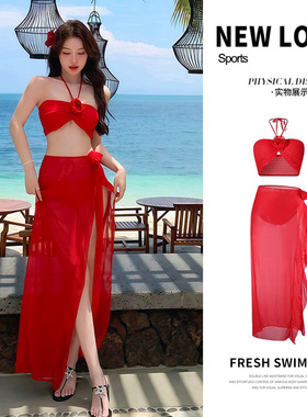 促销网上度假大红色挂脖泳衣女性感分体比基尼三件套裙式感泡温泉