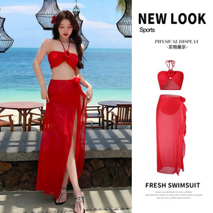 促销 感泡温泉 网上度假大红色挂脖泳衣女性感分体比基尼三件套裙式