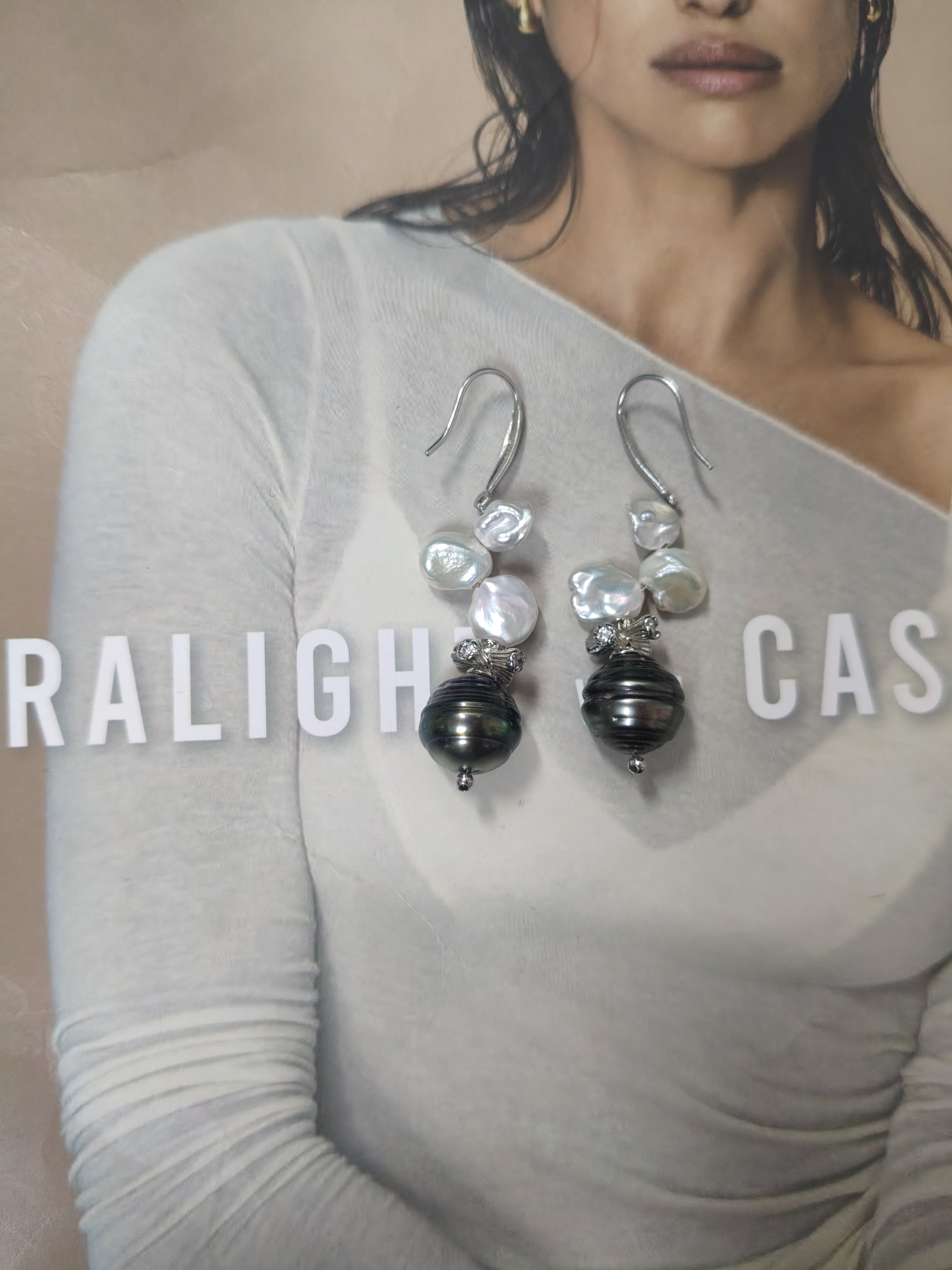 天然海水大溪地巴洛克珍珠耳环淡水花瓣耳钩纯银