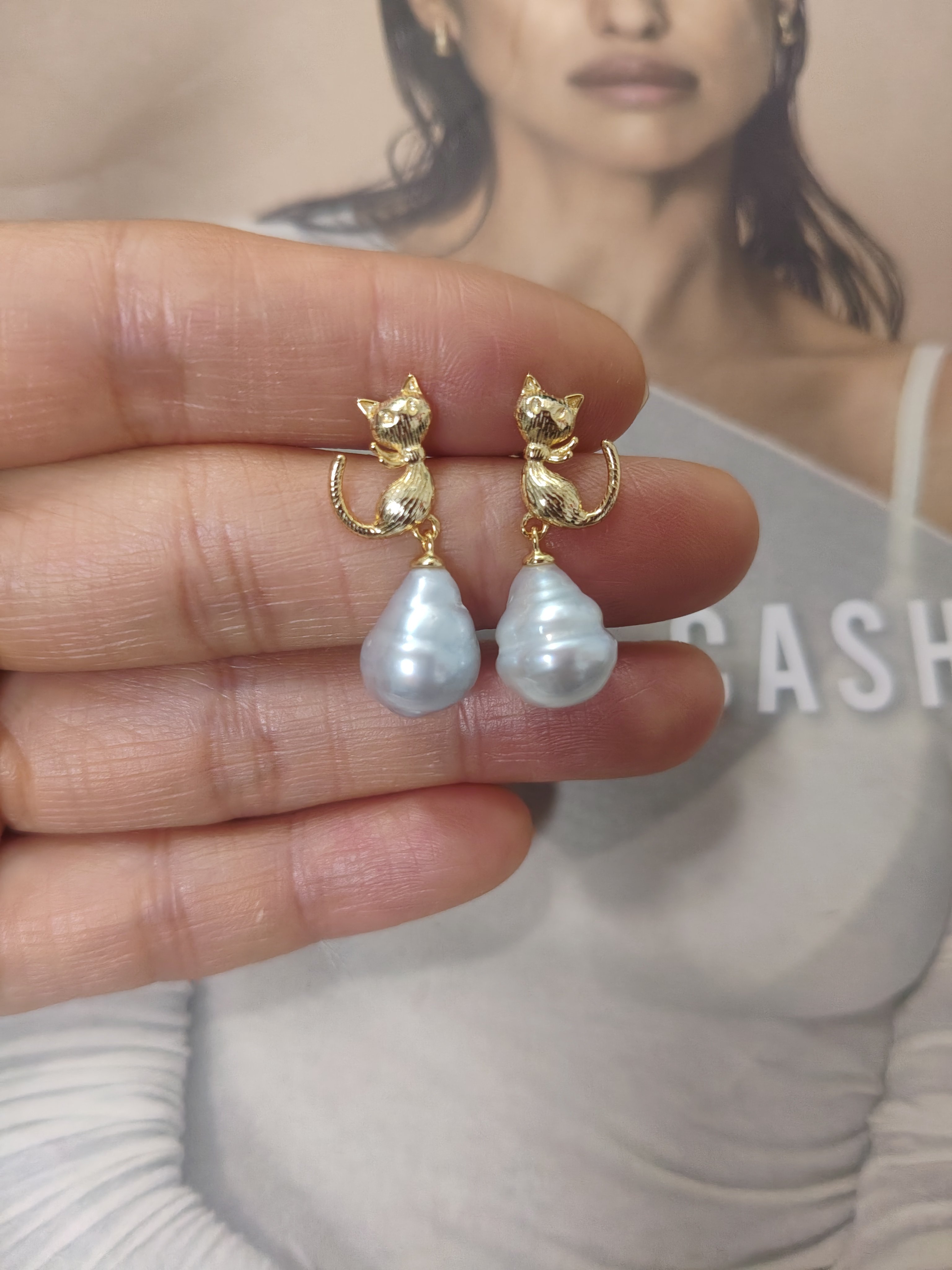 天然海水澳白巴洛克珍珠耳环纯银小猫耳钉